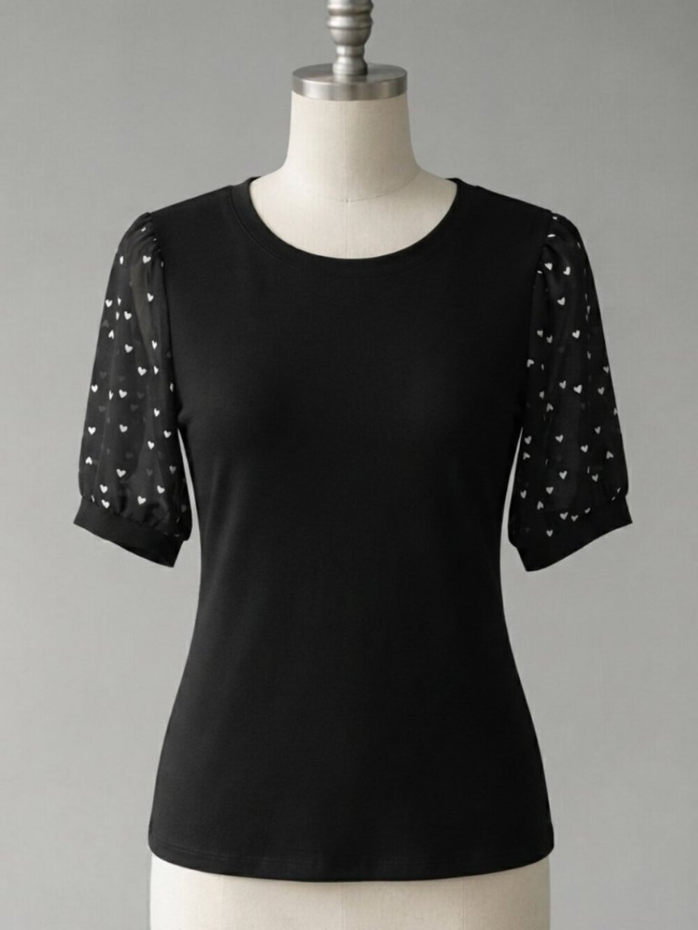 CeCe | Black Puff Sleeve Blouse with 3/4 Heart Print Sleeves | Size Large